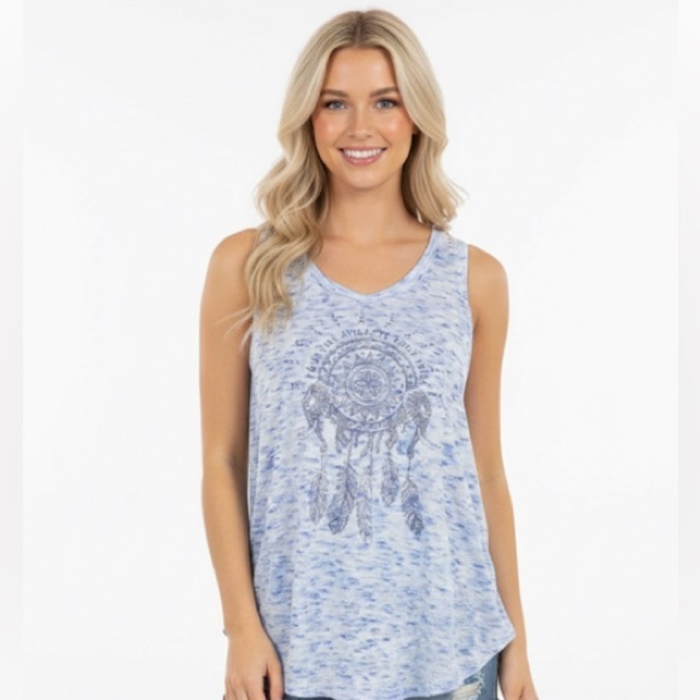 Wound Up blue sleeveless top with boho dream catcher print size small